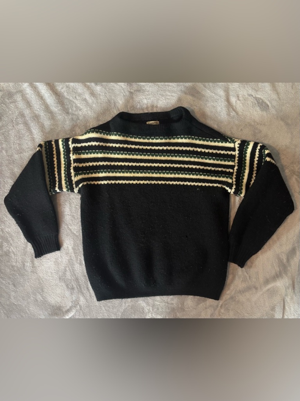 Men's Crewneck Sweater with Striped Yoke - Black & Cream